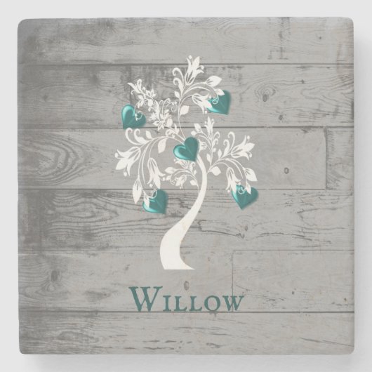 Aquamariner Baum des Herzens Personalisierter Stei Steinuntersetzer (Vorderseite)