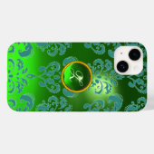 AQUAMARINER BLAU GREEN DAMASK GEMSTONE MONOGRAMM Case-Mate iPhone HÜLLE (Rückseite (Horizontal))