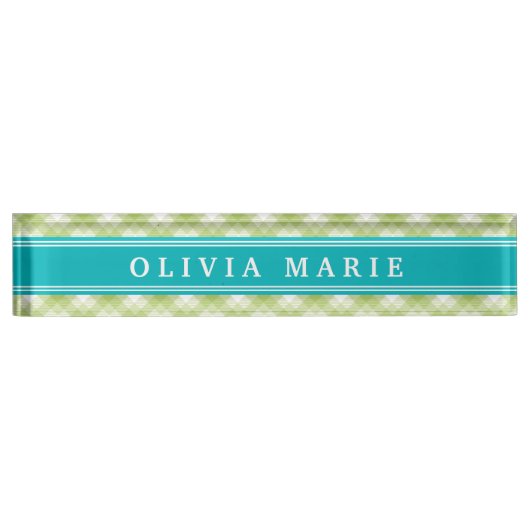 Aquamariner blauer Akzent im Karierten Streifen Namensplakette (Vorderseite)