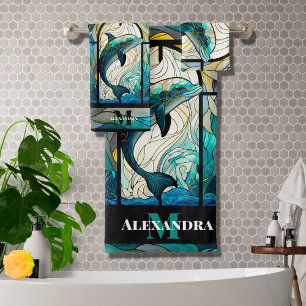 Aquamariner blauer Dolphin-Look aus festem Glas Badhandtuch Set