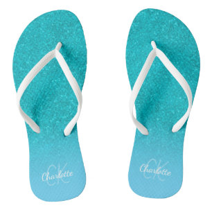 Aquamariner blauer Glitzer Aqua-Sea-Green-Monogram Badesandalen