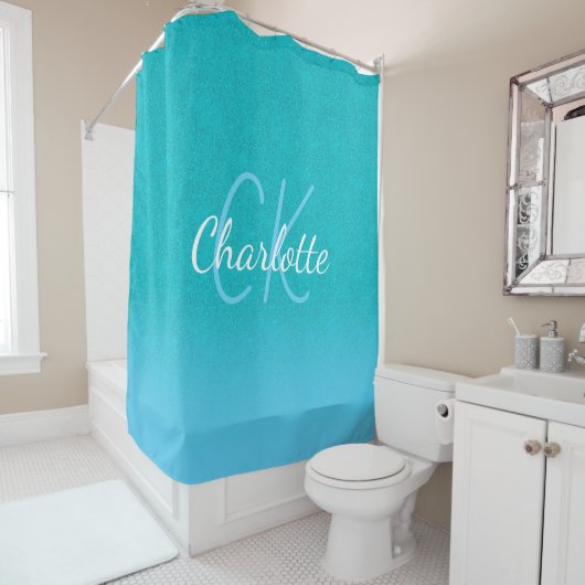 Aquamariner blauer Glitzer Aqua-Sea-Green-Monogram Duschvorhang (Beispiel)