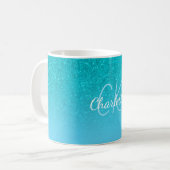 Aquamariner blauer Glitzer Aqua-Sea-Green-Monogram Kaffeetasse (Vorderseite Links)