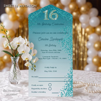 Aquamariner blauer Glitzer Kalligraphie Nr. Sweet All In One Einladung