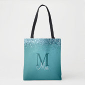 Aquamariner blauer Glitzer Monogramm Personalisier Tasche (Vorderseite)