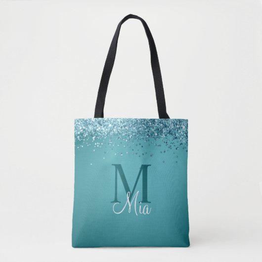 Aquamariner blauer Glitzer Monogramm Personalisier Tasche (Vorderseite)