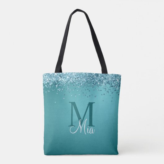 Aquamariner blauer Glitzer Monogramm Personalisier Tasche (Rückseite)
