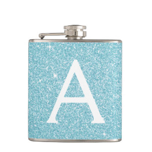 Aquamariner blauer Glitzer und Sparkle Monogramm Flachmann