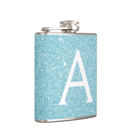 Aquamariner blauer Glitzer und Sparkle Monogramm Flachmann (Rechts)