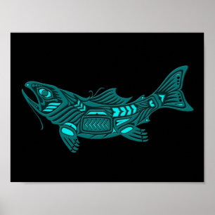 Aquamariner Blauer Haida-Geist-Fisch auf Schwarz Poster
