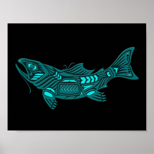 Aquamariner Blauer Haida-Geist-Fisch auf Schwarz Poster (Vorne)