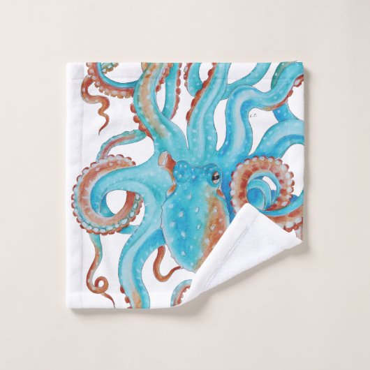 Aquamariner blauer KrakeWatercolor Badhandtuch Set (Waschlappen)