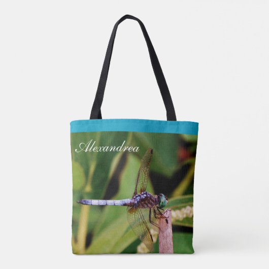 Aquamariner blauer Libellenblumenteich mit Name Tasche (Rückseite)