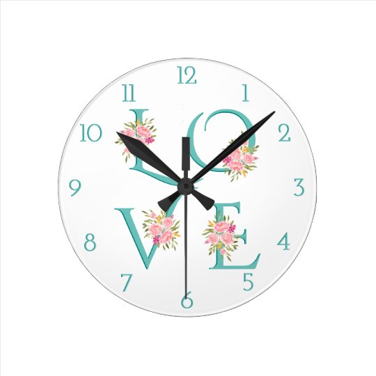 Aquamariner Blauer Liebe Typografie Valentinstag Runde Wanduhr Zazzle De