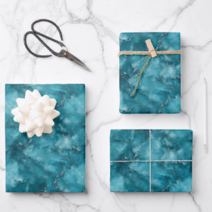 Aquamariner blauer Marmor Geschenkpapier Set