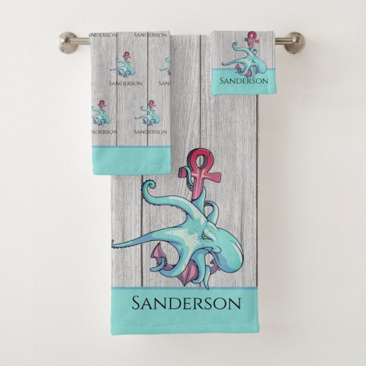 Aquamariner Blauer Oktopus Küste Grau Wood Nautic Badhandtuch Set (Insitu)
