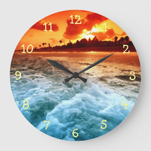 Aquamariner Blauer Ozean Surf Orange Sonnenunterga Große Wanduhr (Vorderseite)