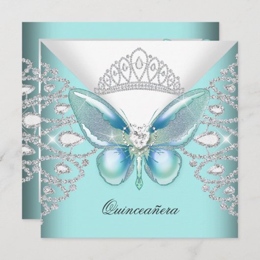 Aquamariner Blauer Schmetterling Tiara Quinceanera Einladung (Vorne/Hinten)