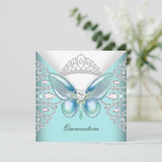 Aquamariner Blauer Schmetterling Tiara Quinceanera Einladung (Stehend Vorderseite)