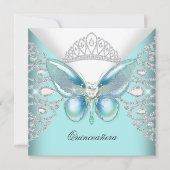Aquamariner Blauer Schmetterling Tiara Quinceanera Einladung (Vorderseite)