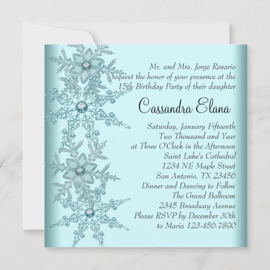 Aquamariner Blauer Schneeflocken Winter Wunderland Einladung (Rückseite)