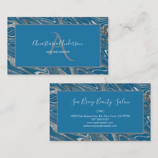 Aquamariner Blauer Silbermor-Glitzer Monogramm Visitenkarte (Vorne/Hinten)