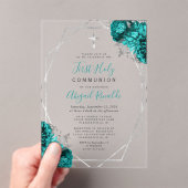 Aquamariner blauer Silberrahmen Erste Heilige Komm Acryleinladungen (Insitu (Handheld))