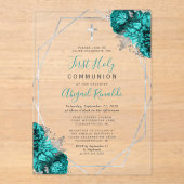 Aquamariner blauer Silberrahmen Erste Heilige Komm Acryleinladungen (Vorderseite)