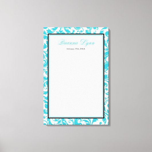 Aquamariner blauer Swirl Damask Bat Mitzvah Sign i Leinwanddruck (Vorderseite)