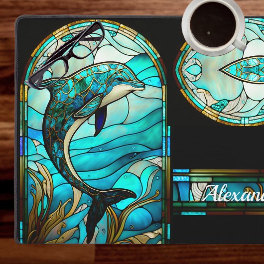 Aquamariner Blauer Weißer Dolphin-Bleiglas-Look Schreibtischunterlage
