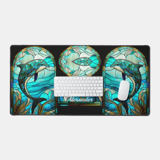 Aquamariner Blauer Weißer Dolphin-Bleiglas-Look Schreibtischunterlage (Tastatur & Maus)