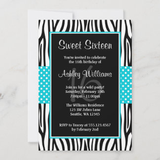 Aquamariner Blauer Zebra Polka Dot Sweet 16 Einladung