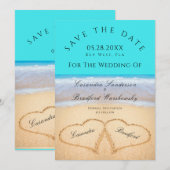 Aquamariner Blue Beach Hochzeit 2 Herz im Sand Einladung (Vorne/Hinten)