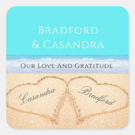 Aquamariner Blue Beach Hochzeit 2 Herz im Sand Quadratischer Aufkleber
