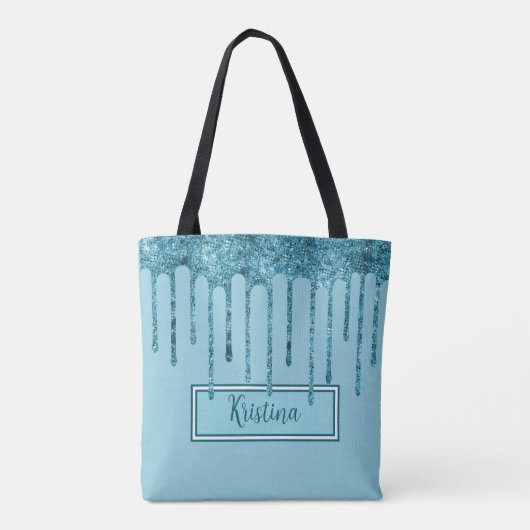 Aquamariner Blue Glitzer Tropfen auf Sky Blue Tote Tasche (Rückseite)