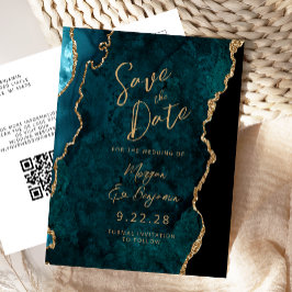 Aquamariner Blue Gold Agate QR-Code Save the Date Ankündigungspostkarte