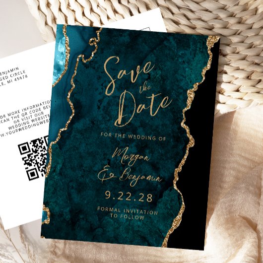 Aquamariner Blue Gold Agate QR-Code Save the Date Ankündigungspostkarte