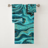 Aquamariner Blue & Gold Chic Swirl Moderner Abstra Badhandtuch Set (Insitu)