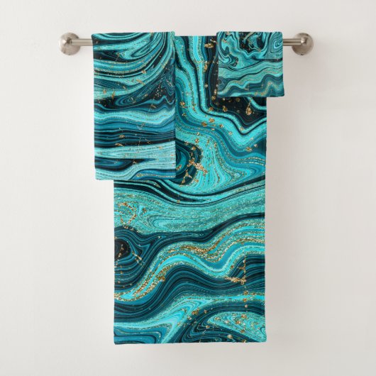Aquamariner Blue & Gold Chic Swirl Moderner Abstra Badhandtuch Set (Insitu)