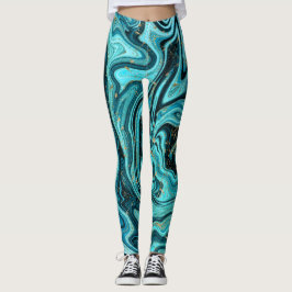 Aquamariner Blue & Gold Chic Swirl Moderner Abstra Leggings