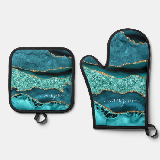 Aquamariner Blue-Gold-Glitzer-Individuelle Name Pe Ofenhandschuh & Topflappen-Set (Vorderseite)