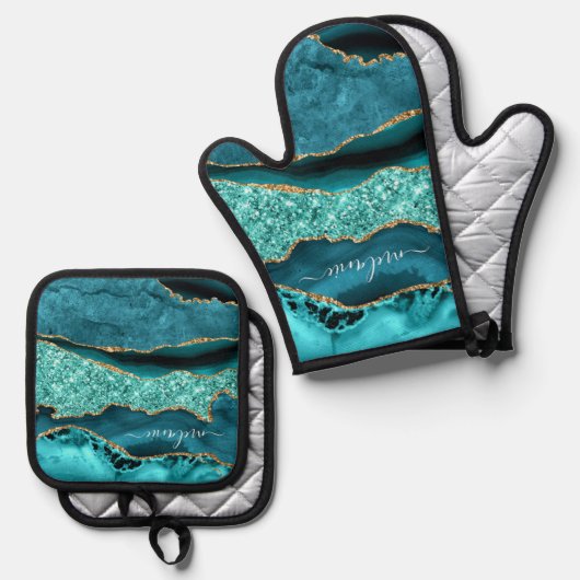 Aquamariner Blue-Gold-Glitzer-Individuelle Name Pe Ofenhandschuh & Topflappen-Set (Vorderseite/Rückseite)