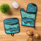 Aquamariner Blue-Gold-Glitzer-Individuelle Name Pe Ofenhandschuh & Topflappen-Set (Oben Unten)