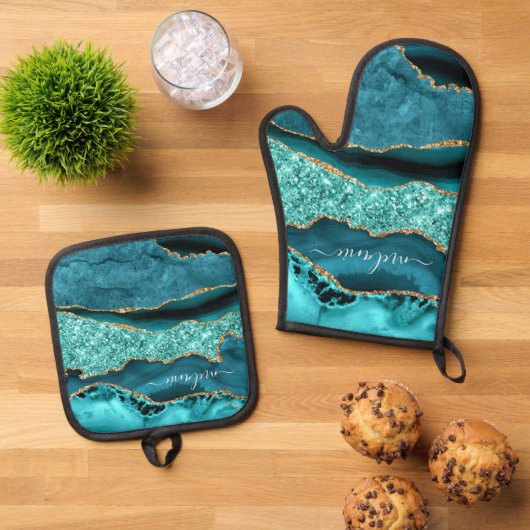 Aquamariner Blue-Gold-Glitzer-Individuelle Name Pe Ofenhandschuh & Topflappen-Set (Oben Unten)