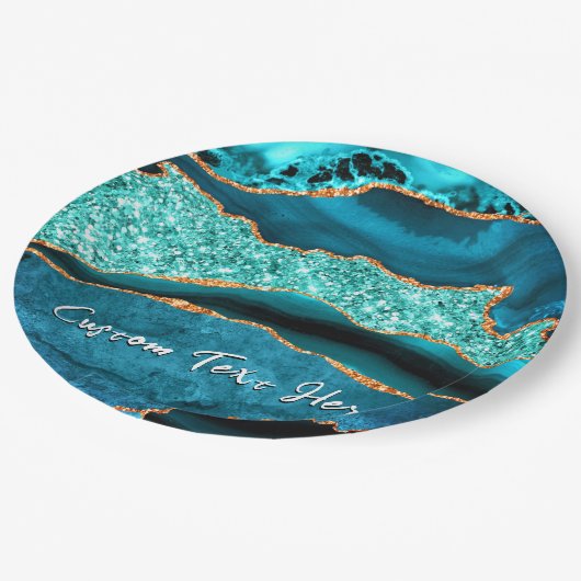 Aquamariner Blue-Gold-Glitzer-Teller Pappteller (Schrägansicht)