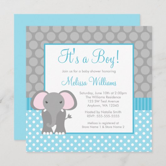 Aquamariner Blue-Gray-Elephant-Polka Dot Boy Baby- Einladung (Vorne/Hinten)
