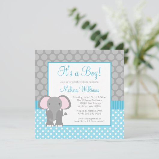 Aquamariner Blue-Gray-Elephant-Polka Dot Boy Baby- Einladung (Stehend Vorderseite)