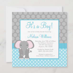 Aquamariner Blue-Gray-Elephant-Polka Dot Boy Baby- Einladung