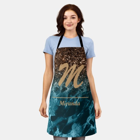 Aquamariner Blue Marble Glitzer Monogram personali Schürze (Getragen)