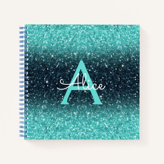 Aquamariner Blue Ombre Glitzer und Monogramm Rezep Notizblock (Vorderseite)